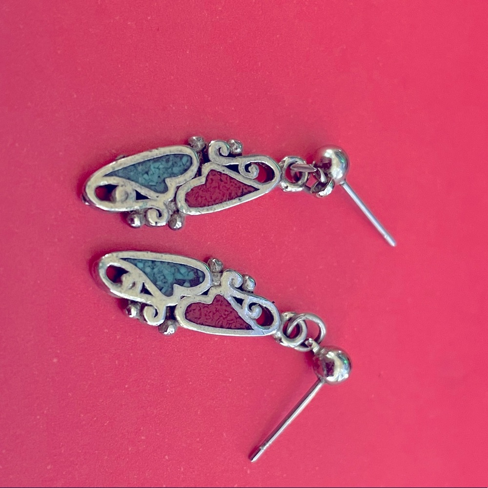 Sterling and Crushed Turquoise and Coral Earrings
